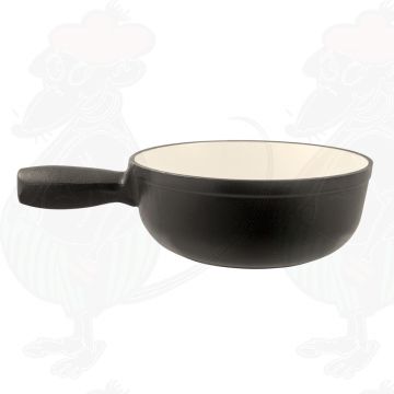 Enkel zwarte gietijzeren/geëmailleerde kaasfonduepan.