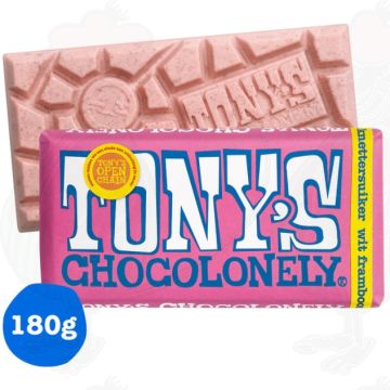 Tony's Chocolonely Wit 28% Framboos Knettersuiker Chocolade Reep 180 g